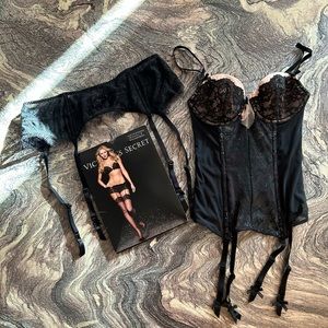Victoria’s Secret Black Lace Body Corset, garter, and Stockings Bundle!